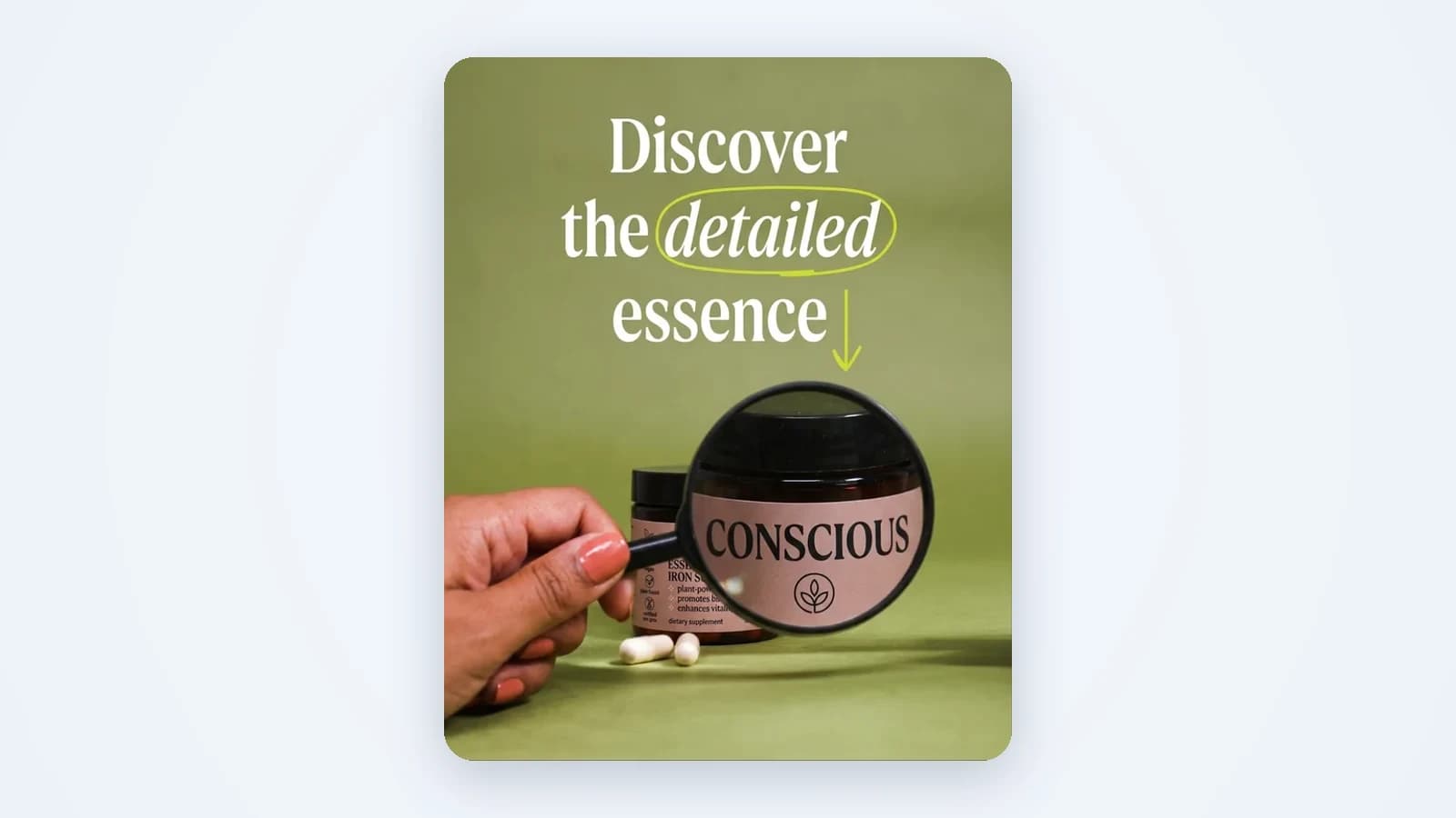 Ad creative for a skincare jar: the product held in hand under the headline Discover the detailed essence