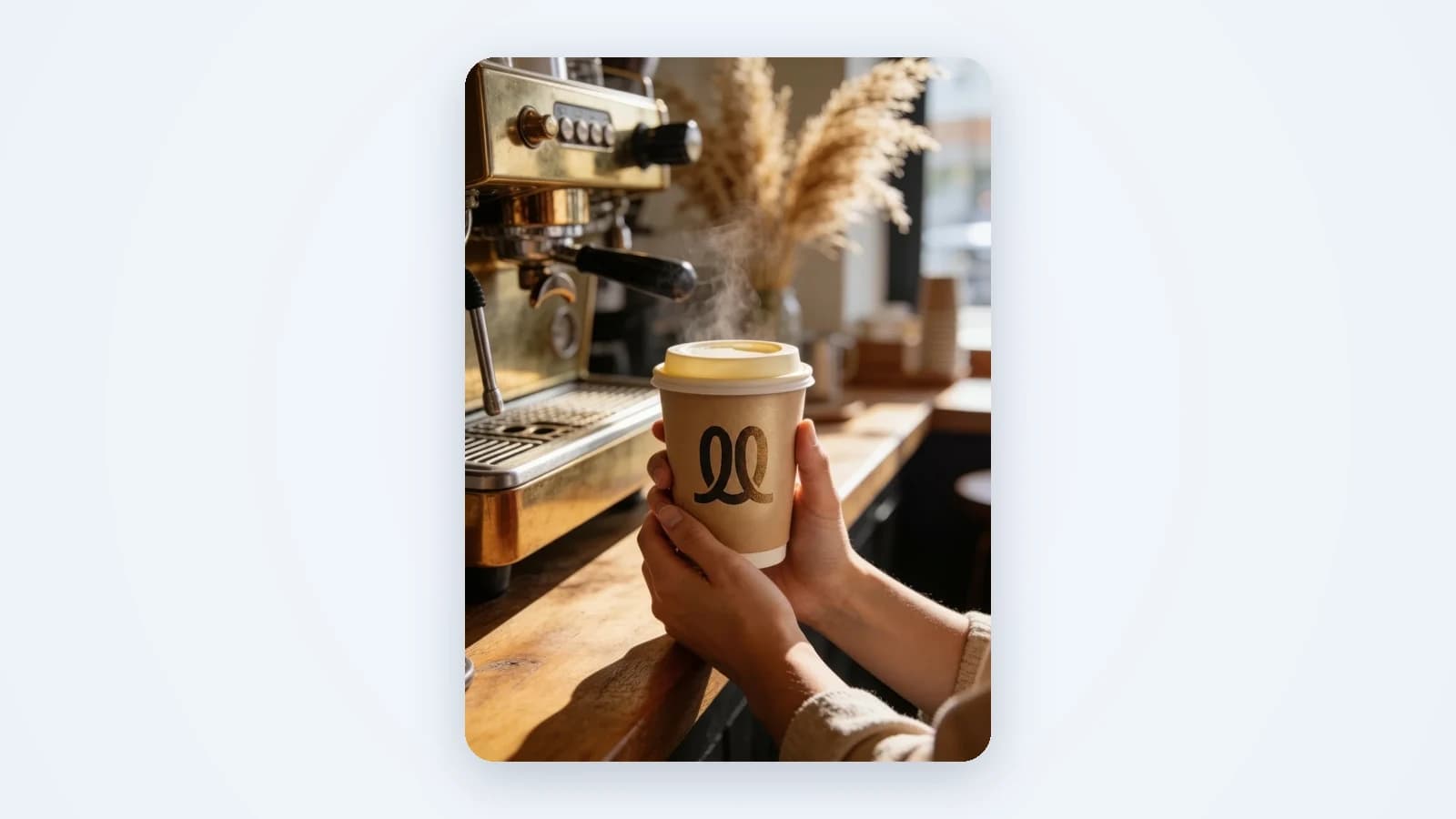 A takeaway cup with a café's logo, held up at the counter of a busy coffee shop