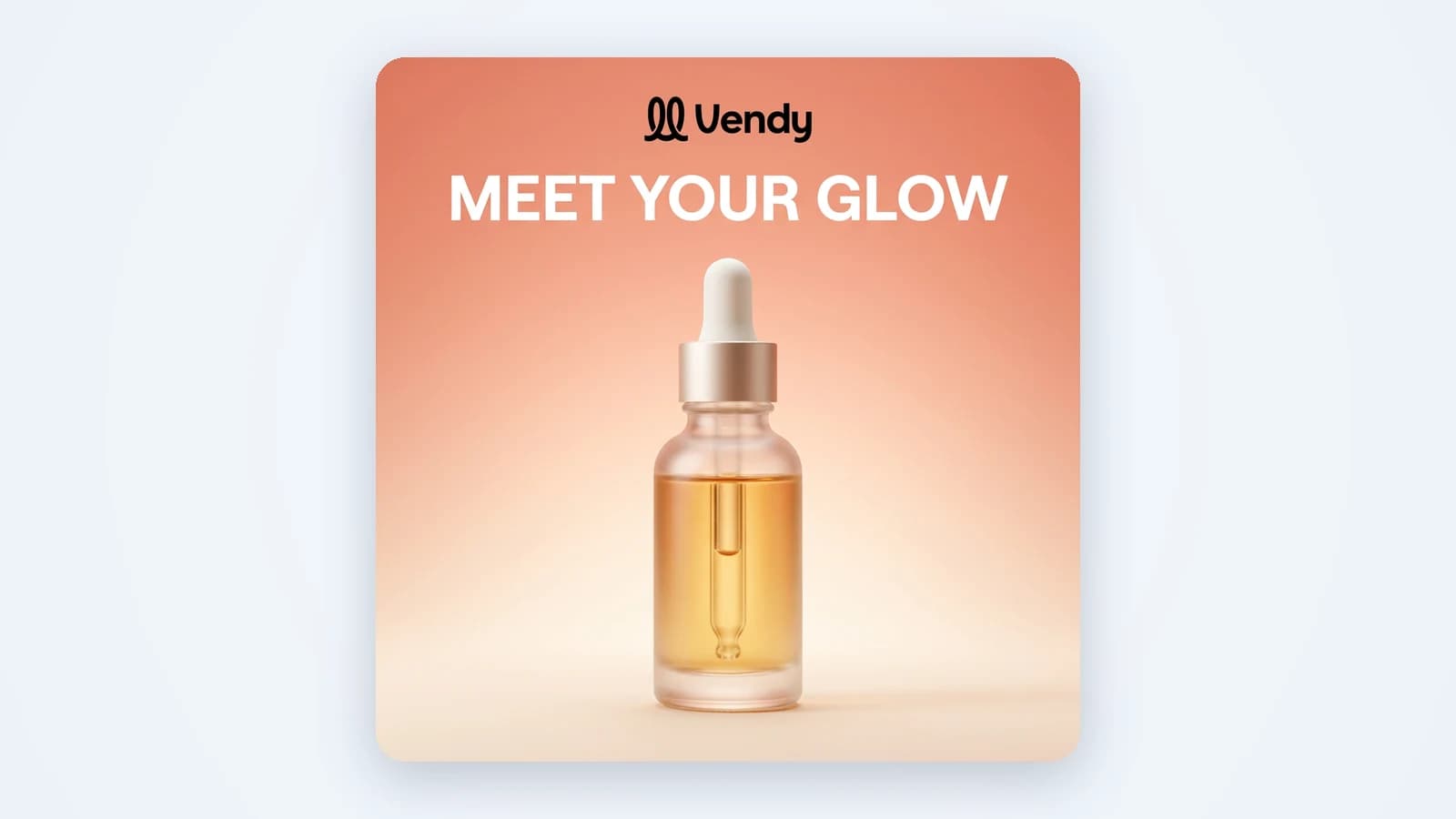 Product ad for a serum: the real bottle on a coral backdrop under the headline Meet your glow