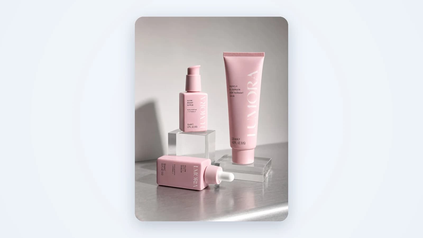 A skincare set on glass blocks: one product photo ready to become a short product video