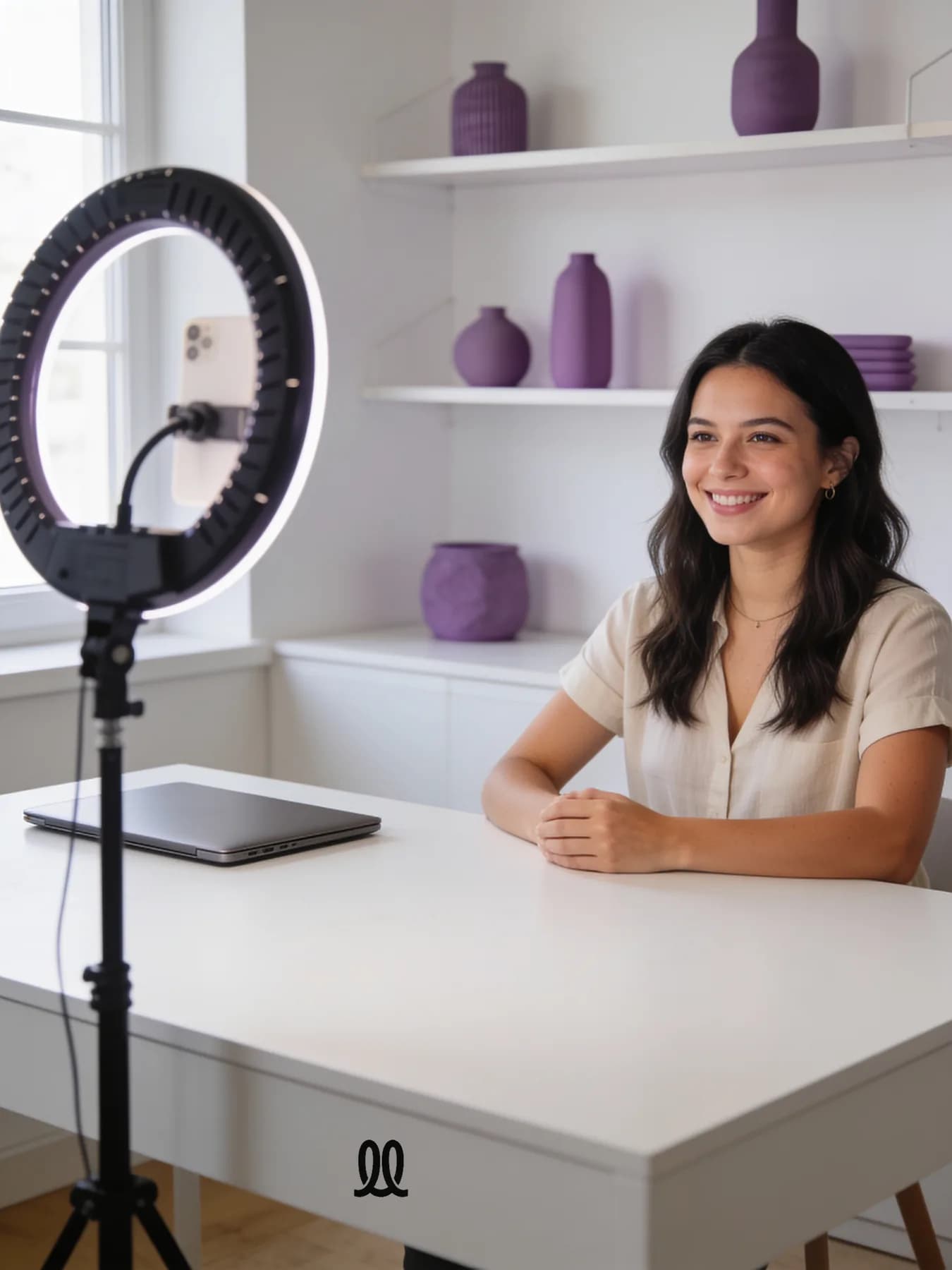 Creator at a desk with a ring light, ready to present a product, made in Vendy