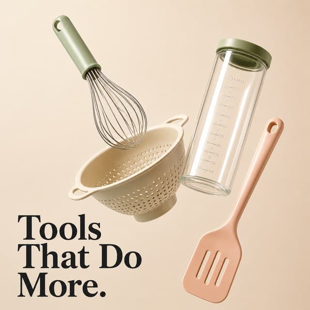 Square feed ad: kitchen tools on beige with the headline Tools That Do More