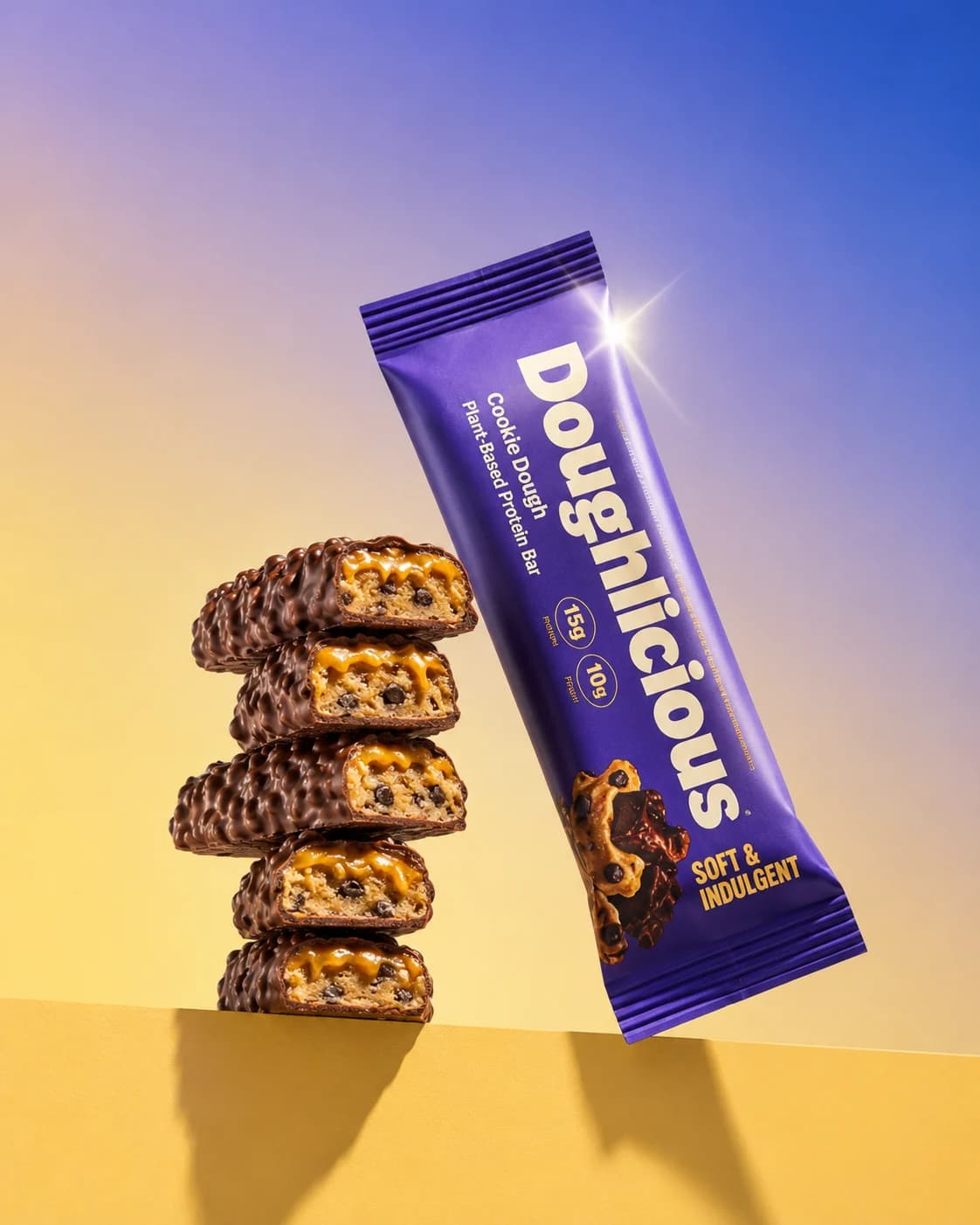 A protein bar stack on a sunny backdrop, shot by Vendy
