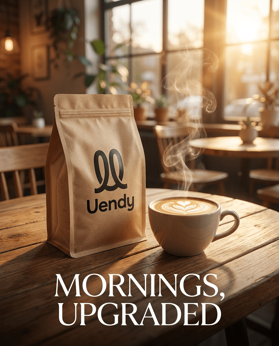 Ad image: a Vendy coffee bag next to a latte, headline Mornings, upgraded