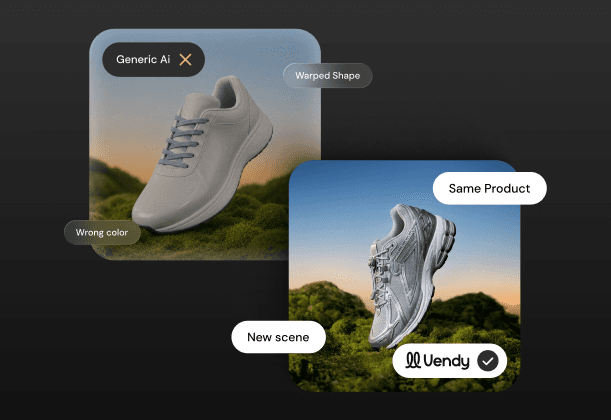 A sneaker rendered by generic AI with warped shape and wrong color beside the same product kept pixel-accurate by Vendy
