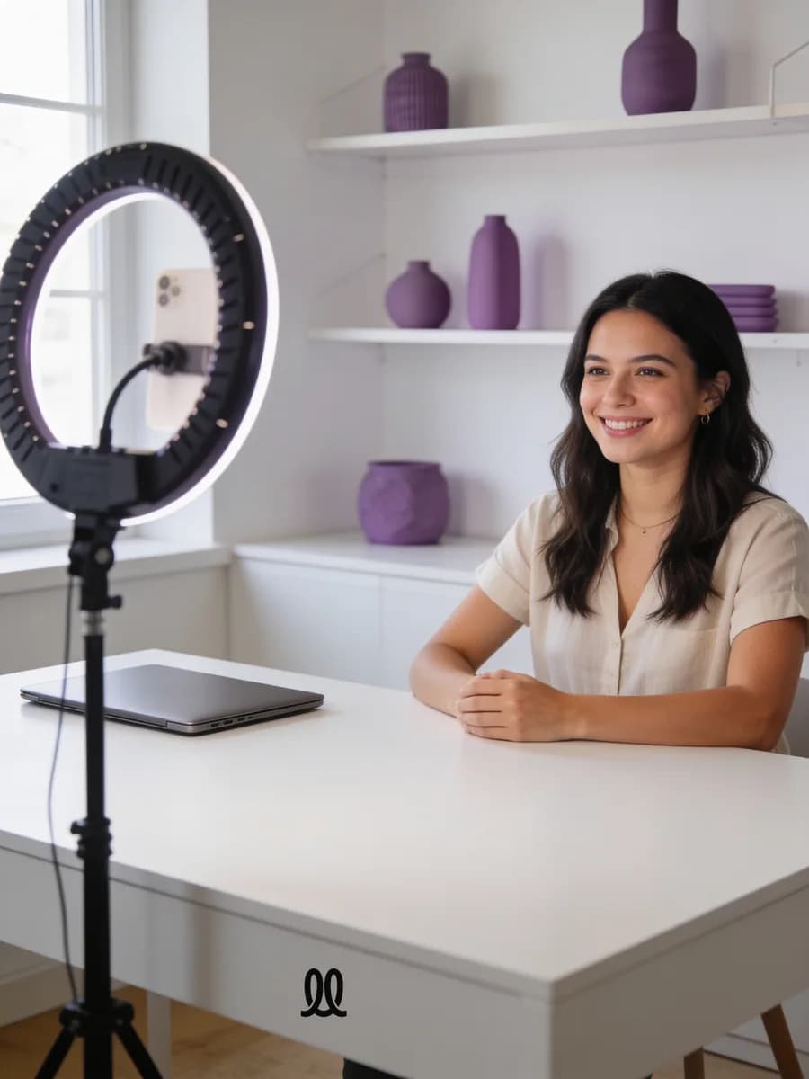 Creator at a desk next to a ring light