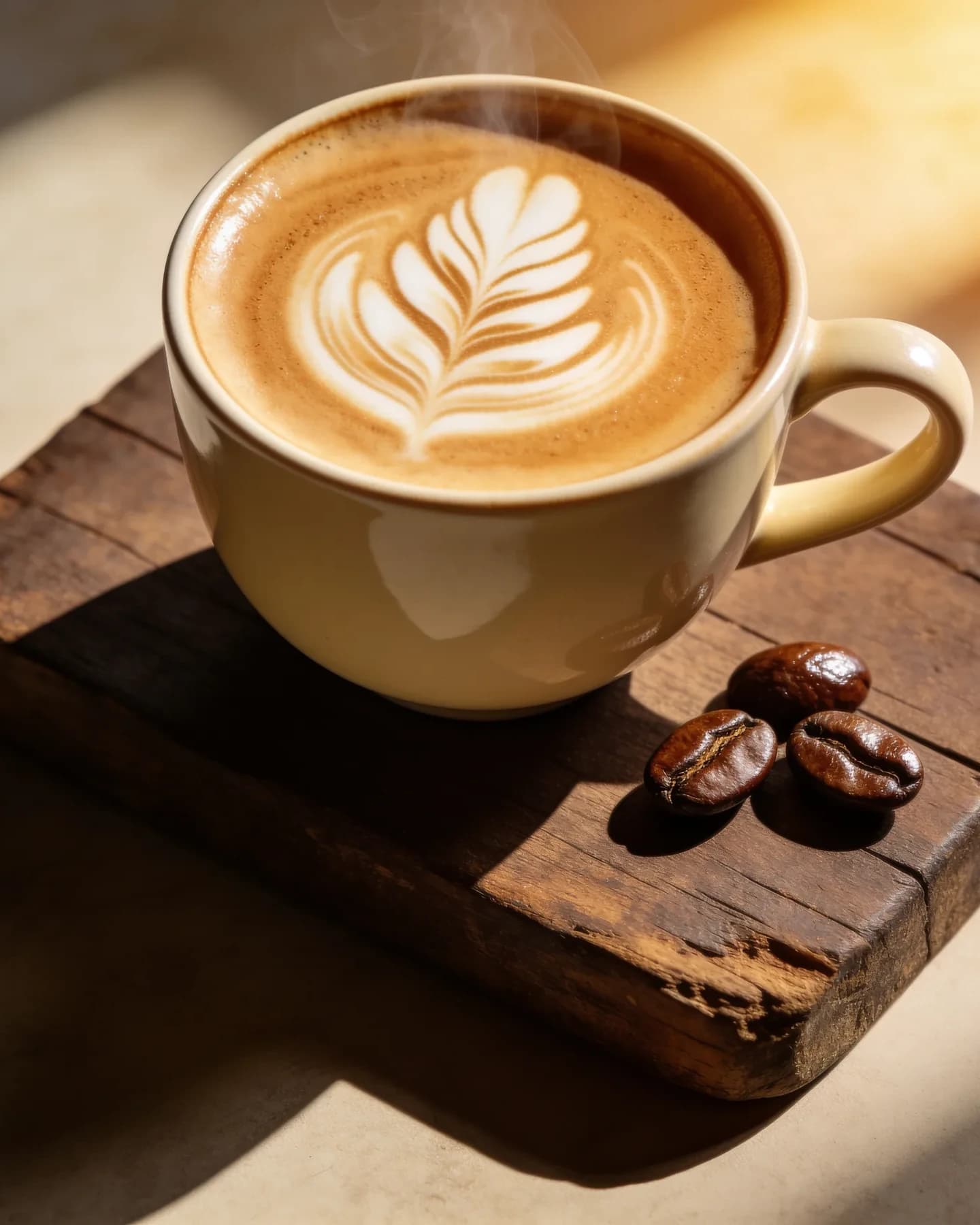 Latte art in a cup on a wooden board