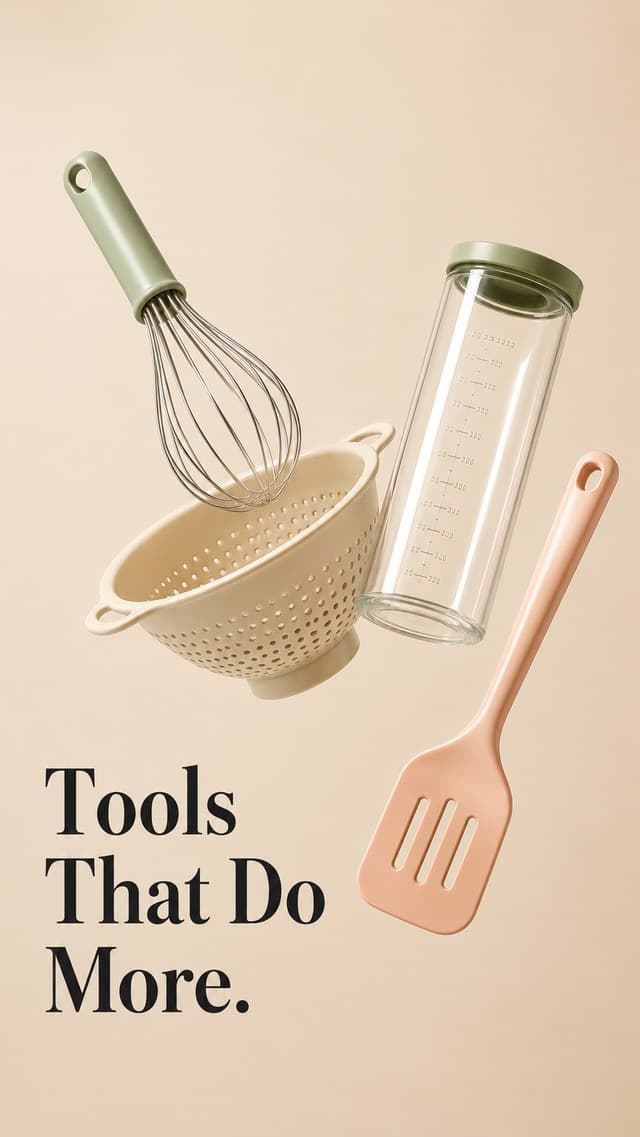Stories ad: kitchen tools floating on beige with the headline Tools That Do More