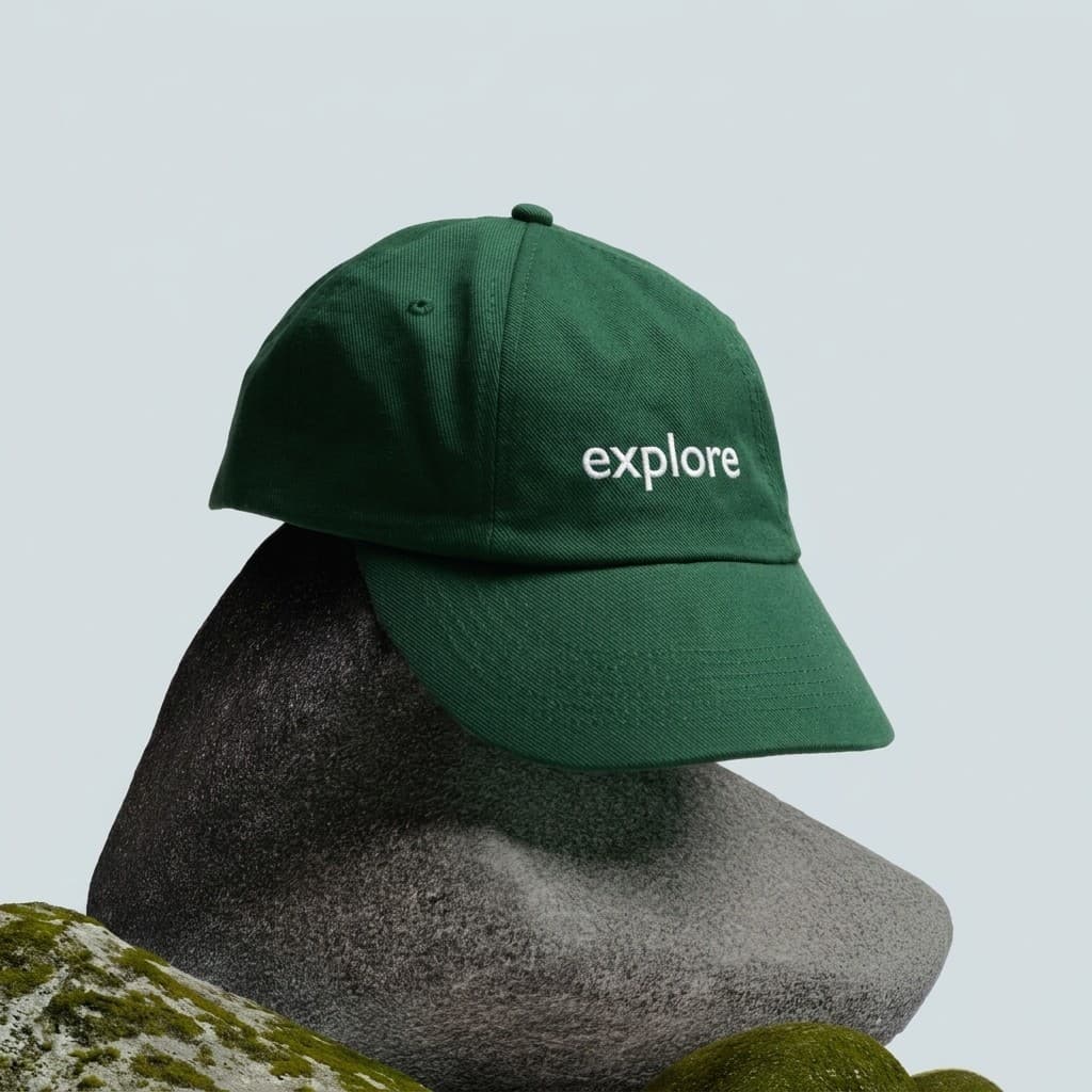 Square image ad: a green cap on stones against a pale sky, no headline