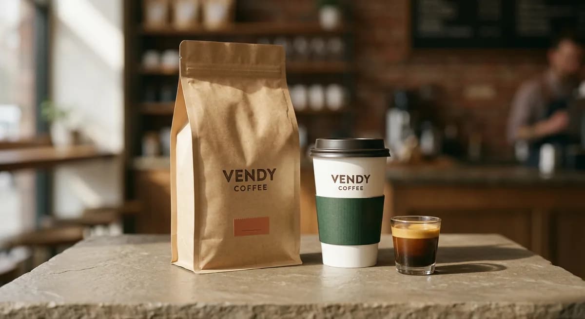 A studio photoshoot of the Vendy coffee bag