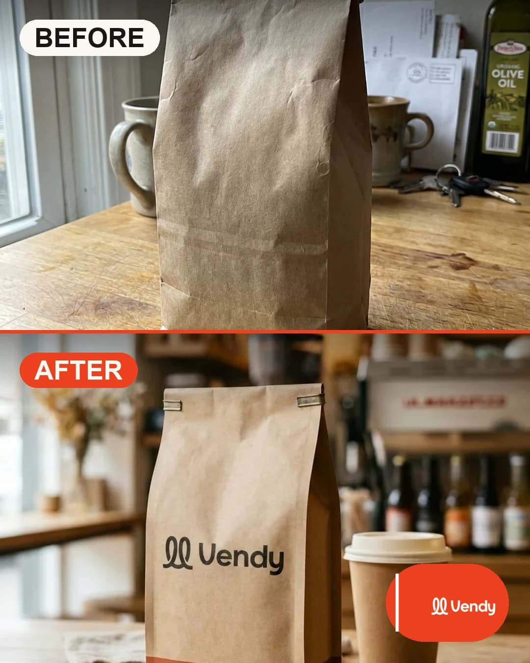 Before / after creative — a plain coffee bag becomes a branded Vendy ad