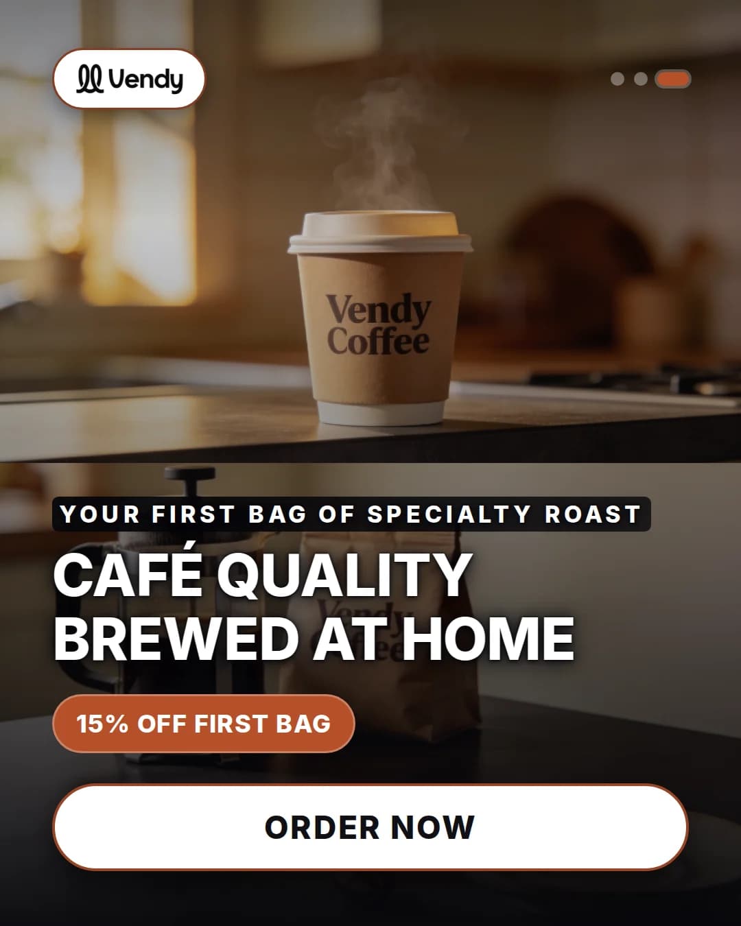 Vendy coffee carousel — slide 3: café quality, 15% off first bag