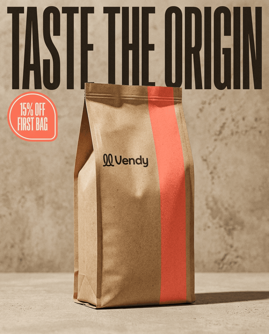 Coffee bag poster with a 15% off badge