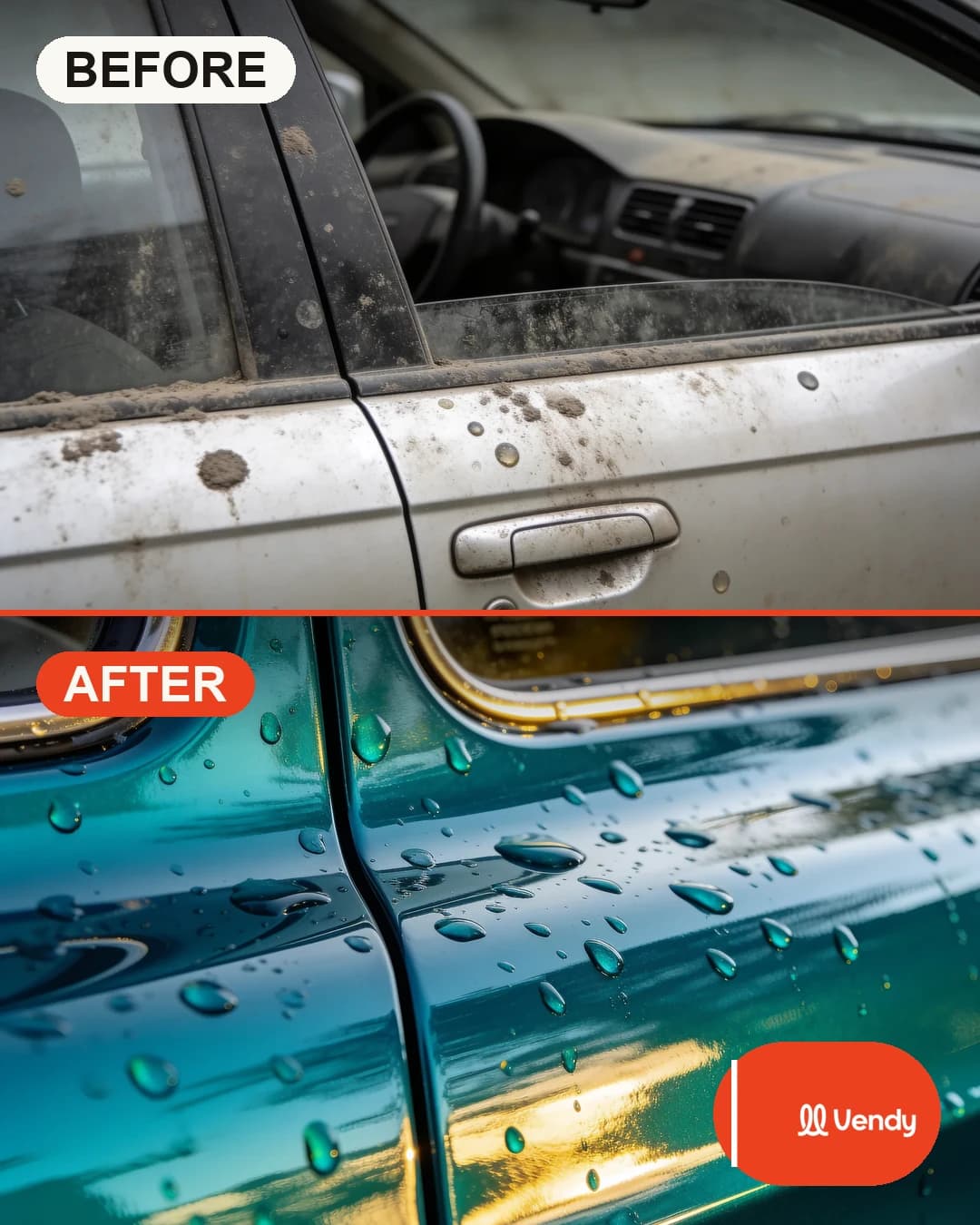 Before / after creative — a grimy car door detailed to a showroom shine