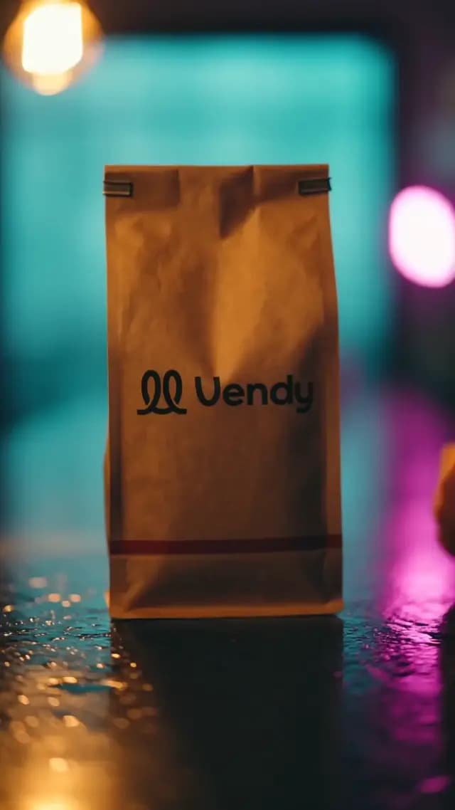 A vertical frame from a product video: a coffee bag lit by neon in a moody night scene
