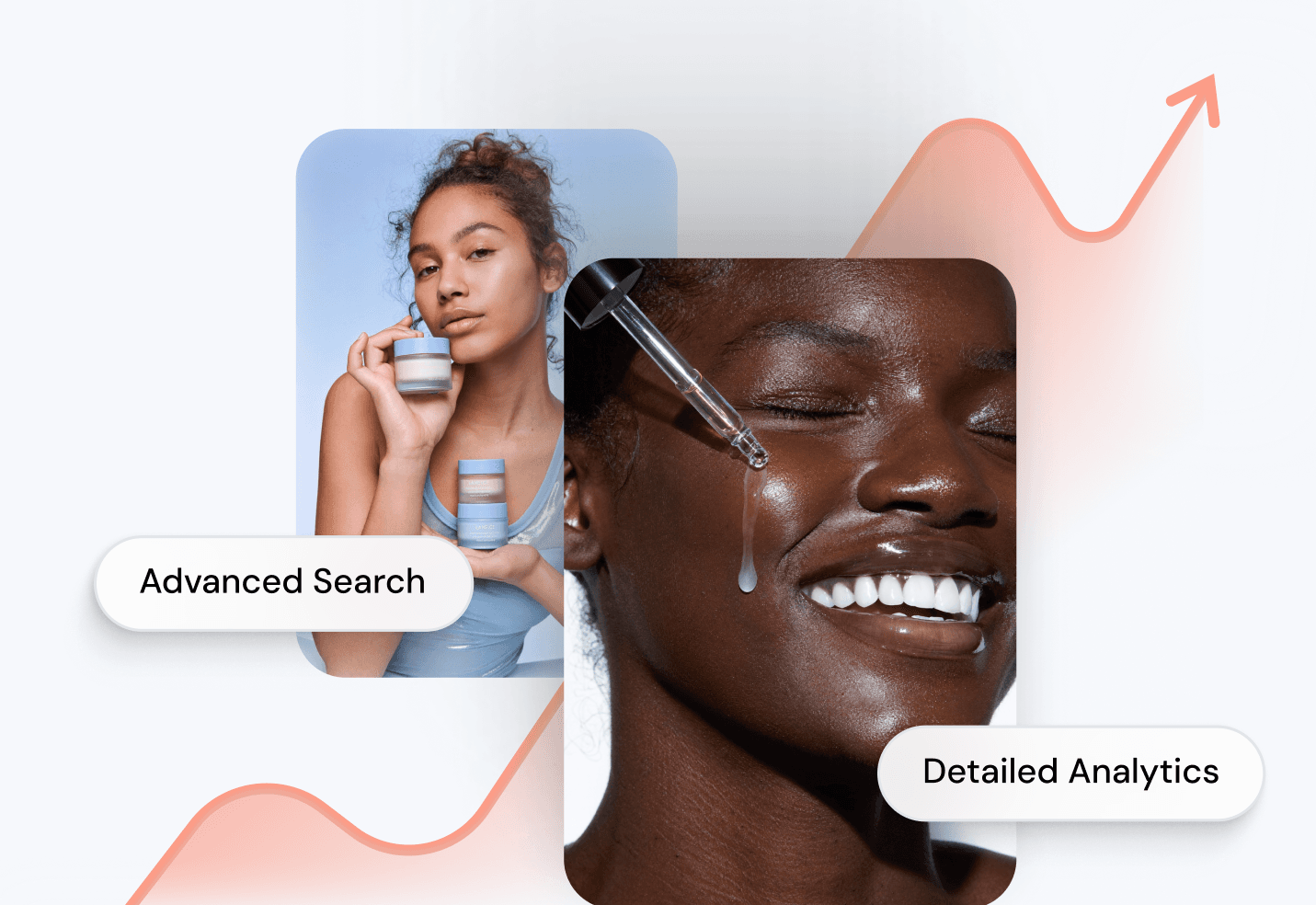 Beauty serum applied to glowing skin with an upward performance curve