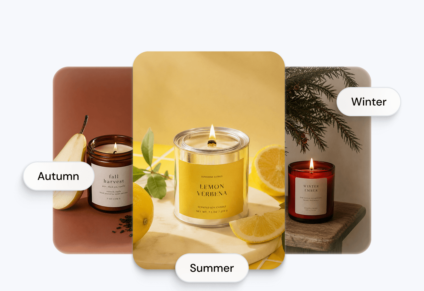 Seasonal candle and home decor arrangement tagged Autumn, Winter and Summer