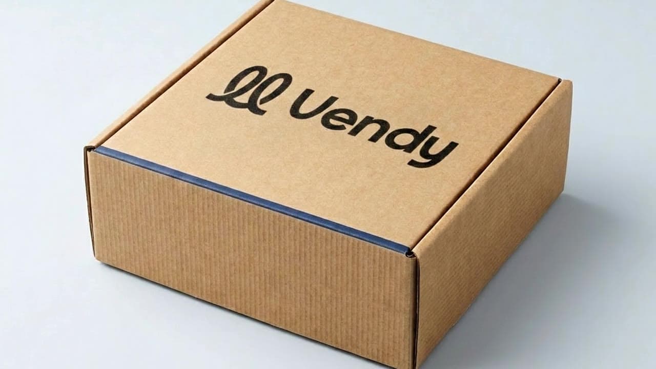 Landscape image ad: a Vendy mailer box on a light background